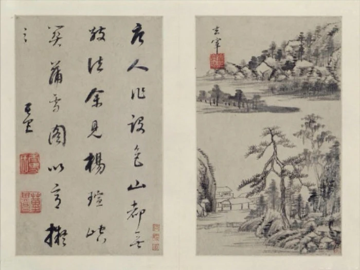 董其昌《山水画册》为其中年山水精品，现藏北京故宫博物院，共十开，每