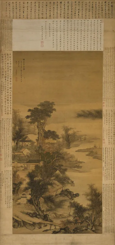 柘溪草堂图绢本，纵160.8厘米，横79.8厘米。1672年。 释文：壬子秋九月 